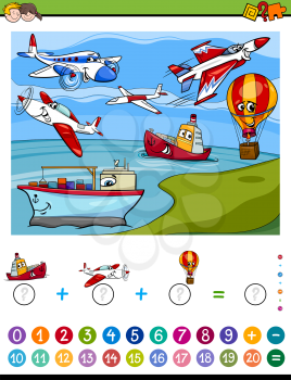 Cartoon Illustration of Educational Mathematical Counting and Addition Activity Task for Children with Planes and Ships