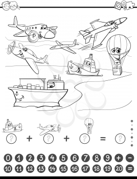 Black and White Cartoon Illustration of Educational Mathematical Counting and Addition Activity Task for Children with Planes and Ships for Coloring Book
