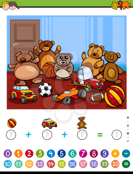 Cartoon Illustration of Educational Mathematical Counting and Addition Activity Task for Children with Toys