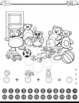 Black and White Cartoon Illustration of Educational Mathematical Counting and Addition Activity Task for Children with Toys for Coloring Book