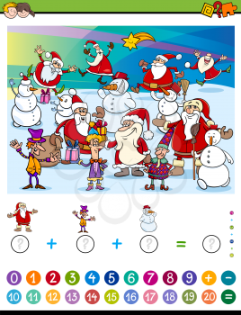 Cartoon Illustration of Educational Mathematical Counting and Addition Activity Task for Children with Christmas Characters