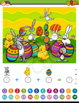 Cartoon Illustration of Educational Mathematical Counting and Addition Activity Task for Children with Easter Characters