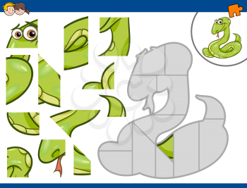Cartoon Illustration of Educational Jigsaw Puzzle Activity for Preschool Children with Snake Animal Character
