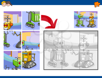 Cartoon Illustration of Educational Jigsaw Puzzle Activity for Preschool Children with Robot Characters