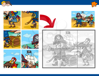 Cartoon Illustration of Educational Jigsaw Puzzle Activity for Preschool Children with Pirates Fantasy Characters