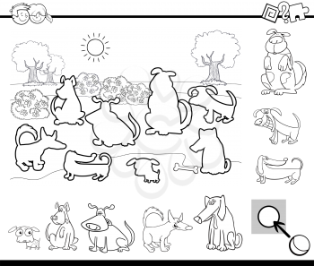 Black and White Cartoon Illustration of Educational Activity Task for Preschool Children with Dogs Animal Characters for Coloring Book