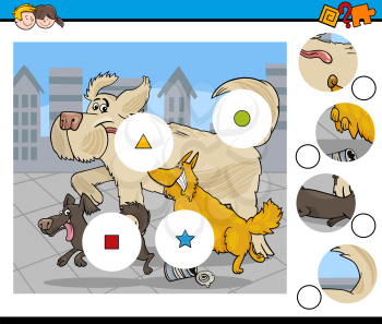 Cartoon Illustration of Educational Match the Pieces Activity Task for Preschool Children with Running Dogs