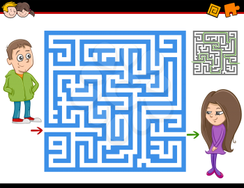 Cartoon Illustration of Education Maze or Labyrinth Activity Task for Children with Girl and Boy