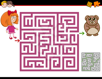 Cartoon Illustration of Education Maze or Labyrinth Activity Task for Children with Girl and Teddy