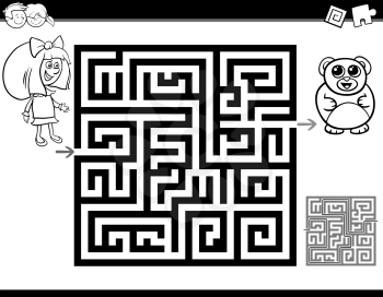 Black and White Cartoon Illustration of Education Maze or Labyrinth Activity Task for Children with Girl and Teddy for Coloring