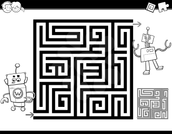 Black and White Cartoon Illustration of Education Maze or Labyrinth Activity Task for Children with Funny Robots for Coloring