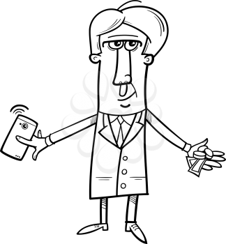 Black and White Cartoon Illustration of Man with Cash and Smart Phone