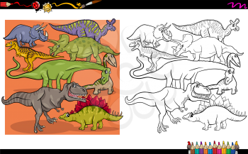 Cartoon Illustration of Dinosaur Characters Coloring Book Activity