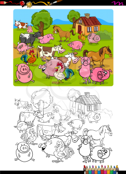 Cartoon Illustration of Farm Animal Characters Coloring Book