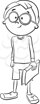 Black and White Cartoon Illustration of Elementary School Age Boy with a Book Coloring Book