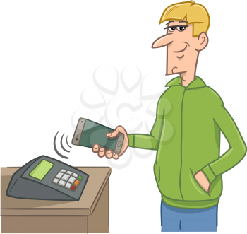 Cartoon Illustration of Man Paying Wireless with his Smart Phone