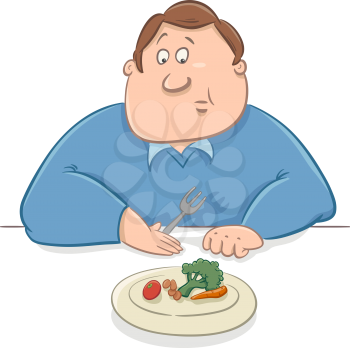 Cartoon Humorous Illustration of Unhappy Man on Diet Eating his Lunch