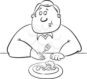 Black and White Cartoon Humorous Illustration of Unhappy Man on Diet Eating his Lunch