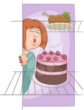 Cartoon Humorous Illustration of Gourmand Woman on Diet Looking into Fridge