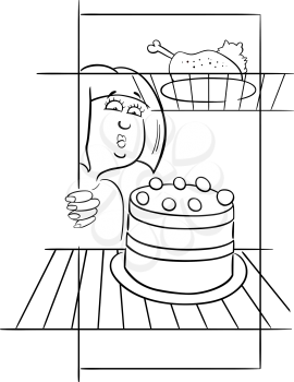 Black and White Cartoon Humorous Illustration of Gourmand Woman on Diet Looking into Fridge