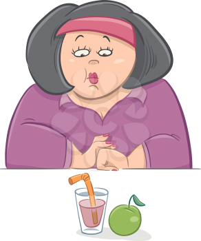 Cartoon Humorous Illustration of Unhappy Woman on Diet with her Lunch