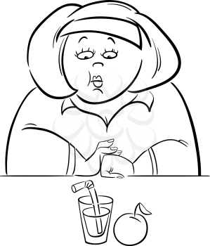 Black and White Cartoon Humorous Illustration of Unhappy Woman on Diet with her Lunch