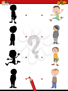 Cartoon Illustration of Find the Shadow Educational Activity Game for Children with Kid Boys