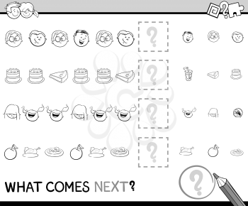 Black and White Cartoon Illustration of Completing the Pattern Educational Activity Task for Preschoolers with Kids and Food Objects Coloring Book