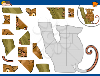 Cartoon Illustration of Educational Jigsaw Puzzle Activity for Preschool Children with Tarsier Animal Character