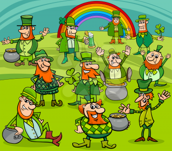 Cartoon Illustration of Leprechaun and Saint Patrick Day Characters Group with Rainbow and Clovers and Pot of Gold