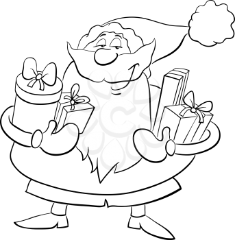 Black and White Cartoon Illustration of Santa Claus with Christmas Presents for Coloring Book