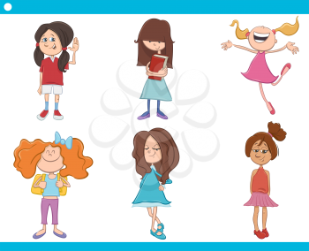 Cartoon Illustration of School Age Girls Children or Teenager Characters Set