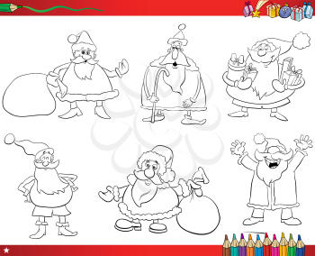 Coloring Book Cartoon Illustration of Black and White Set with Santa Claus Characters on Christmas Time