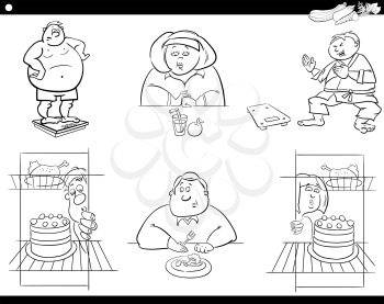 Black and White Cartoon Humorous Illustration of Overweight People Characters on Diet