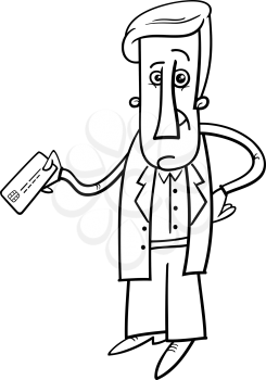Black and White Cartoon Illustration of Man with Credit or Payment Card
