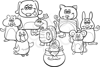 Black and White Cartoon Illustration of Little Cute Pet Characters Group Coloring Book