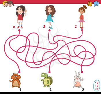 Cartoon Illustration of Educational Paths or Maze Puzzle Activity with Children Girls and Pets