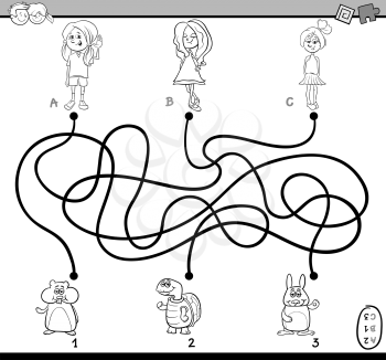 Black and White Cartoon Illustration of Educational Paths or Maze Puzzle Activity with Children Girls and Pets Coloring Book