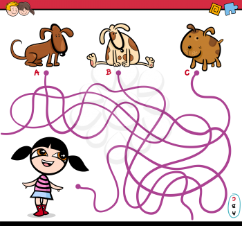 Cartoon Illustration of Educational Paths or Maze Puzzle Activity with Children Girl and Puppies