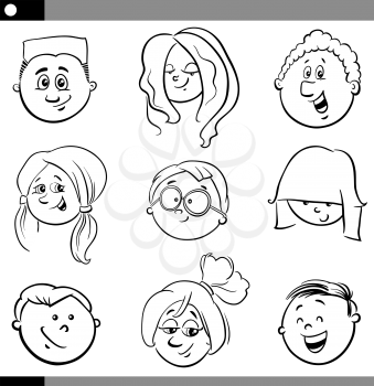 Black and White Cartoon Illustration of Funny Children or Teen Characters Heads Set