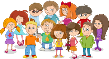 Cartoon Illustration of Elementary School Age Children Characters Group