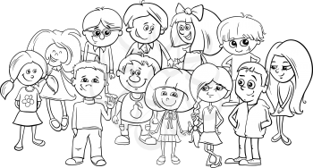 Black and White Cartoon Illustration of Elementary School Age Children Characters Group Coloring Book