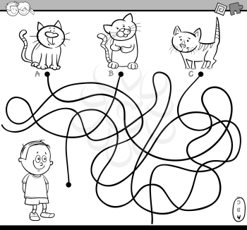 Black and White Cartoon Illustration of Educational Paths or Maze Puzzle Activity with Child Boy and Kittens Coloring Book