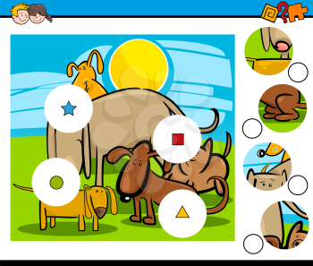 Cartoon Illustration of Educational Match the Elements Activity Game for Children with Dog Characters