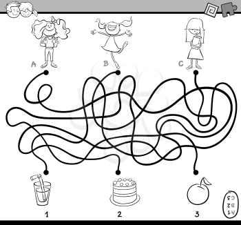 Black and White Cartoon Illustration of Educational Paths or Maze Puzzle Activity with Children and Food Objects Coloring Book
