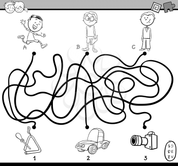 Black and White Cartoon Illustration of Educational Paths or Maze Puzzle Activity with Children and Objects Coloring Book