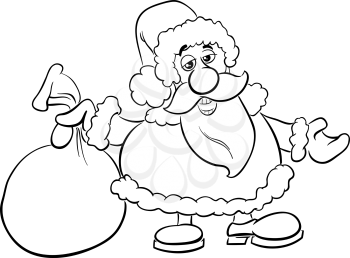 Black and White Cartoon Illustration of Santa Claus with Sack of Gifts on Christmas Time for Coloring Book