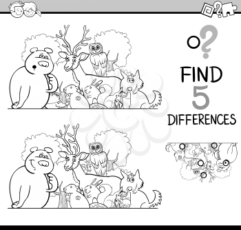 Black and White Cartoon Illustration of Finding Differences Educational Activity Task for Children with Wild Animal Characters for Coloring Book