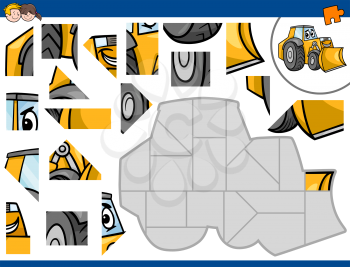 Cartoon Illustration of Educational Jigsaw Puzzle Activity for Children with Bulldozer Transportation Character