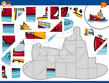 Cartoon Illustration of Educational Jigsaw Puzzle Activity for Children with Ship Transportation Character